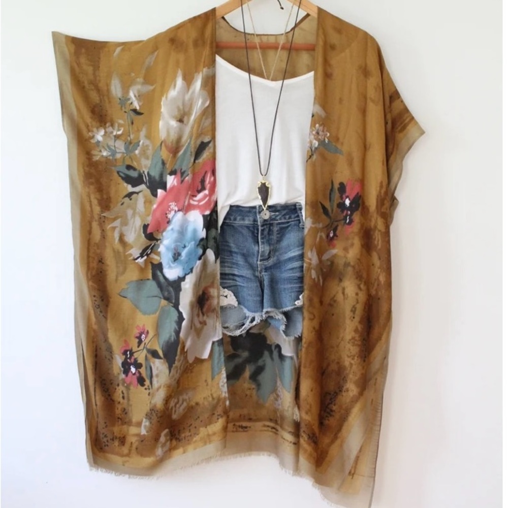 Floral Mustard Open-Front Kimono Cover-Up